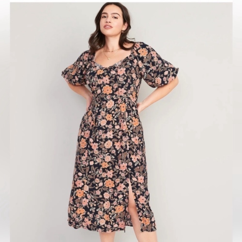 Old Navy dress size S floral puffy sleeves navy orange smoked back tie front